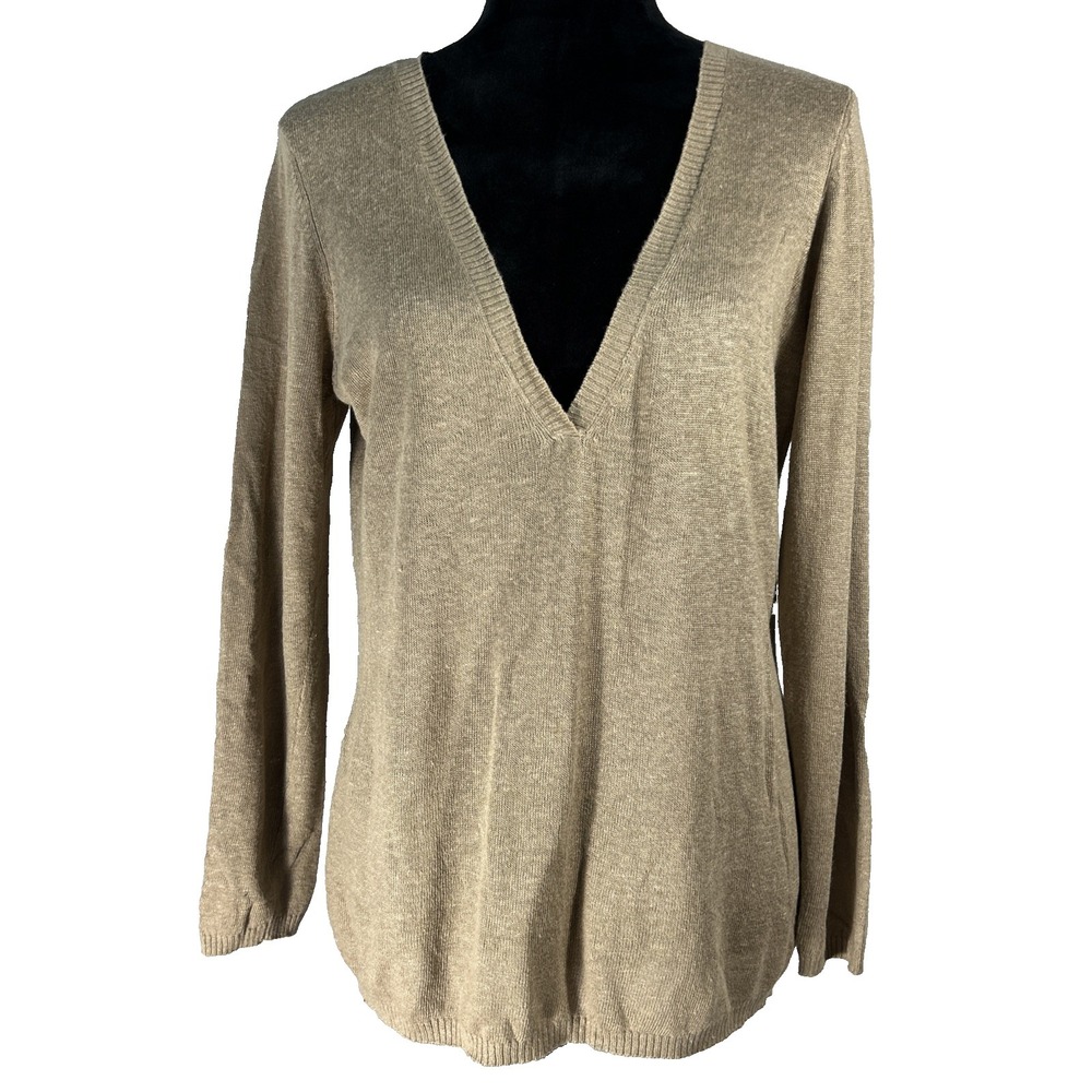 Talbots Petite Sweater SMALL Tan Linen Rayon Knit Deep‎ V Neck Stretch Ribbed